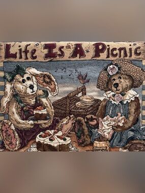1990’s Boyd’s Bears “Life Is A Picnic” Cotton Tapestry Throw Bear Rabbit 66”x50”